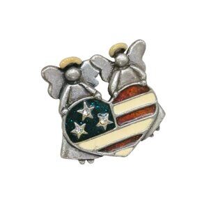 AJMC Enamel Patriotic Heart Broach RED White Blue Pewter Double Angels Pin